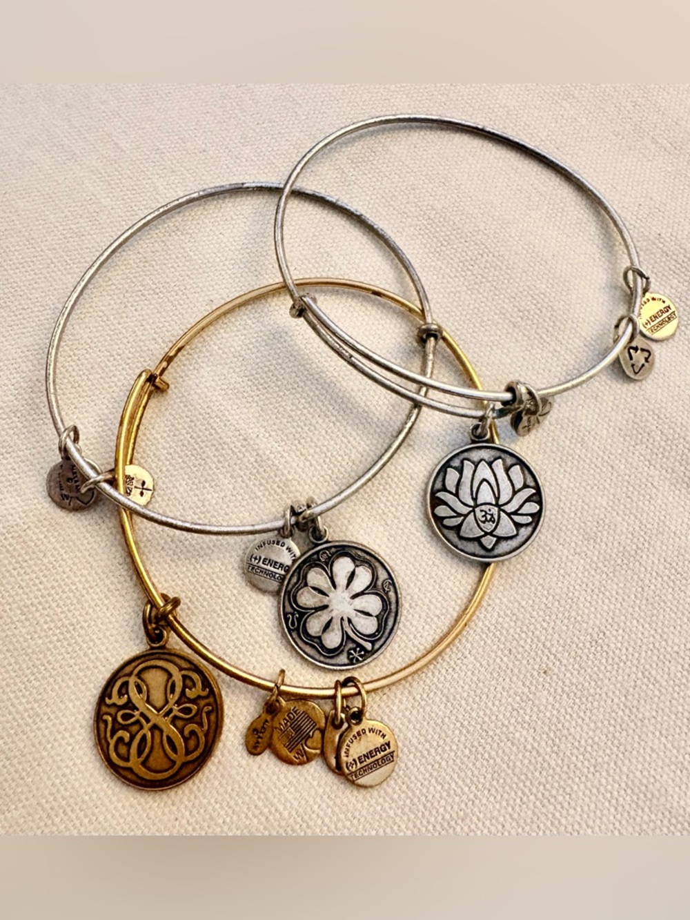 3 Alex and Ani Mixed Metal Charm Bangle Bracelet Set - Gold & Silver